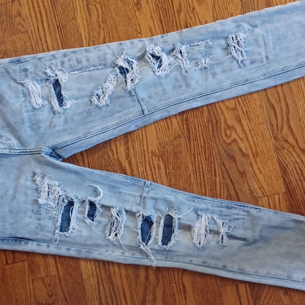 PacSun - Mens 29X30 Stacked/Distressed Light Wash Skinny Jeans Zippered Ankles - Picture 6 of 11